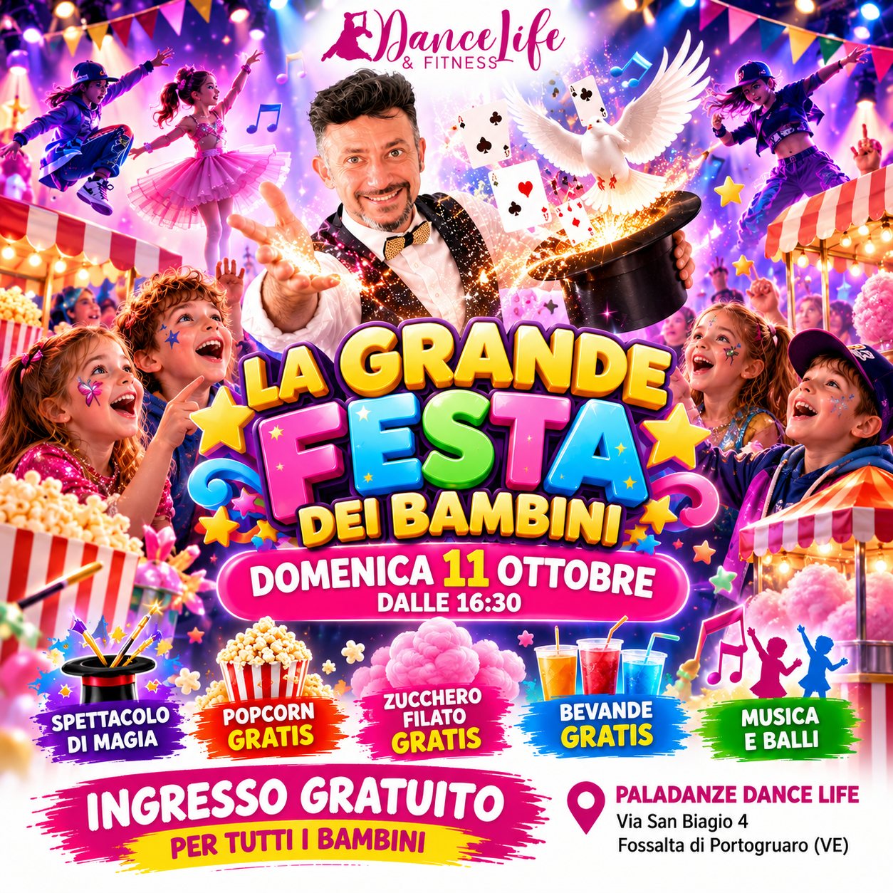 Locandina ufficiale: La Grande Festa dei Bambini, domenica 11 ottobre dalle 16:30, ingresso gratuito